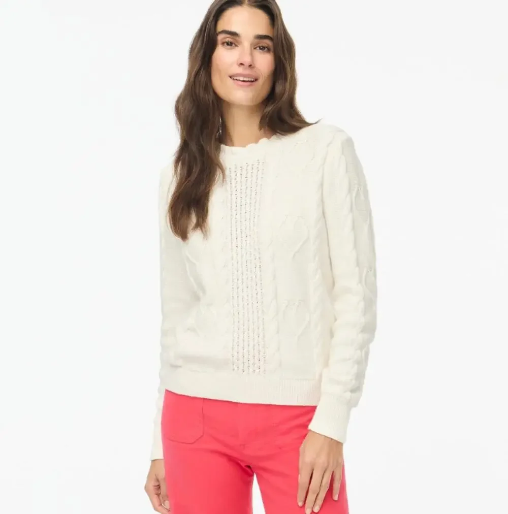 J.Crew Cable-Knit Hearts Crewneck Sweater WMNS S Cream Scalloped Neck Pullover